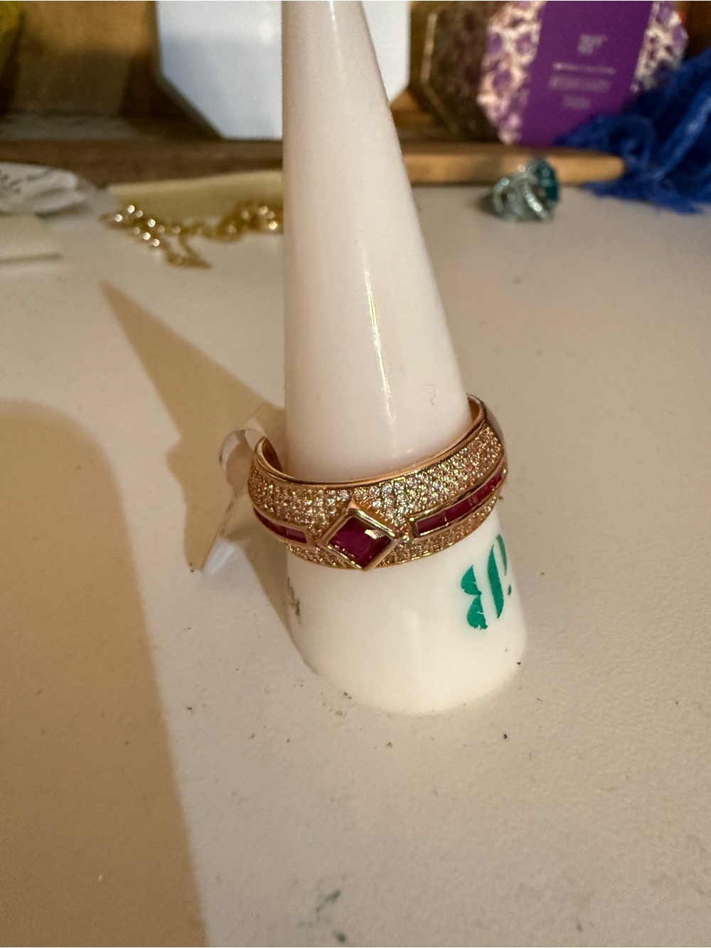 Gold-Tone Ring with Ruby-Red Accents and Pavé Crystals